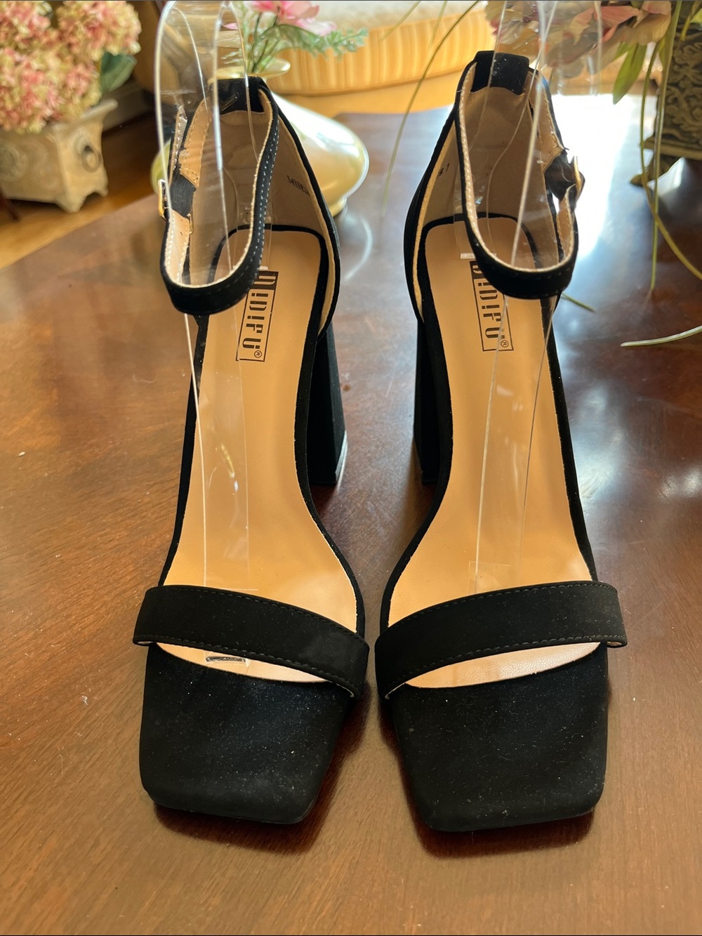 IDIFU Black Suede Block Heel Sandals with Ankle Strap